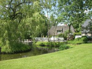 a river with a house in the background and a yard at Ferien unter Reet in Ostenfeld