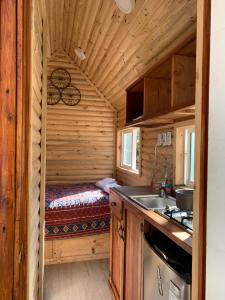 a kitchen with a bed in a log cabin at Tiny House Remanso del Espíritu in Isla de Maipo