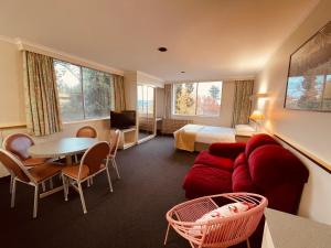 um quarto de hotel com um sofá, uma mesa e uma cama em Parklane Motel em Launceston