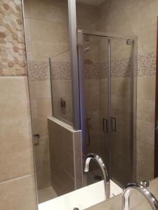 una ducha con una puerta de cristal junto a un lavabo en La Souloise, en Le Dévoluy