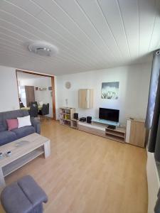 Haus am Kroatenbach في Lautenthal: غرفة معيشة مع أريكة وتلفزيون