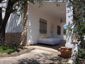 ein Schlafzimmer mit einem blauen Bett in einem Gebäude in der Unterkunft Casa de Pascual in Yecla