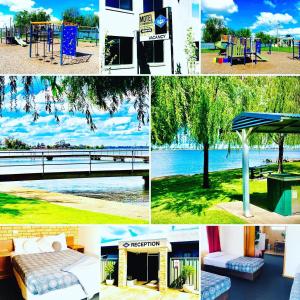 a collage of four pictures of a park at Lake Mulwala Hotel in Mulwala