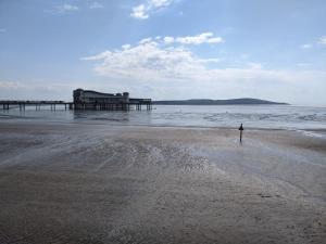 a person standing on the beach near a pier at Parasol Weston Guest House in Weston-super-Mare