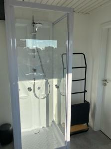 a shower with a glass door in a bathroom at Ferienwohnung Spieker in Hamburg in Hamburg