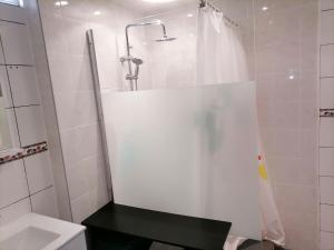 een douche met een douchegordijn in de badkamer bij Gite Louvre Opale in Desvres