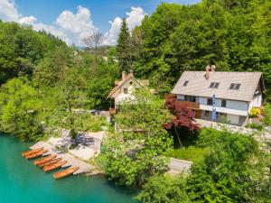 an aerial view of a house and boats in a river at Lake Bled Apartments in Bled