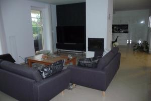 Sala de estar con 2 sofás y mesa en Værelse i Augustenborg i stor villa en Augustenborg