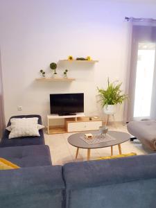 - un salon avec un canapé bleu et une table dans l'établissement Tom's House, à Néa Karváli