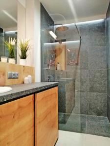 W łazience znajduje się prysznic ze szklanymi drzwiami. w obiekcie WIDOKOWO Apartamenty w mieście Ełk