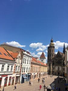a group of people walking around a city street at Apartment Ela Centre in Košice