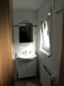 a bathroom with a sink and a mirror and a window at Ferienwohnung Schmidt in Hiddenhausen