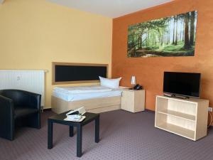 a hotel room with a bed and a tv at Hotel Am Heidepark in Dippoldiswalde