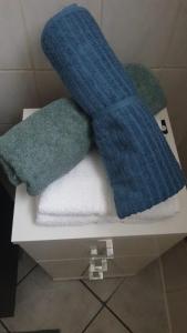 a blue hat and towels on a shelf in a bathroom at RELAX Wohnung Groß Rohrheim in Groß-Rohrheim
