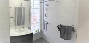 a white bathroom with a shower and a sink at Studio Villa Emilie in Cagnes-sur-Mer