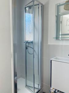 eine Dusche mit Glastür im Bad in der Unterkunft Chambre/studio douillet en rez-de -jardin in Lannilis