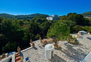 uitzicht op een patio met een boom en stoelen bij Villa Vincenzo Di Meglio in Ischia