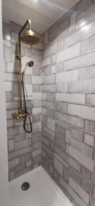 a bathroom with a shower with a stone wall at Le Renne Blanc Pyrénées de France in Font-Romeu +49 photos