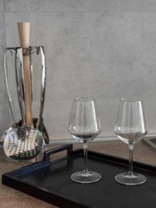 due bicchieri da vino seduti su un vassoio accanto a un frullatore di Residence Renadoro a Cervia