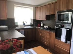 a kitchen with wooden cabinets and a sink and a microwave at Yr Hafan in Trelech +16 photos