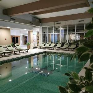 una piscina in un hotel con sedie e tavoli di Hotel Royal Spa a Banja Koviljača