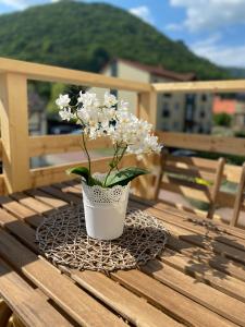 eine Vase von Blumen auf einem Tisch in der Unterkunft Ferienwohnung Bergblick in Thale