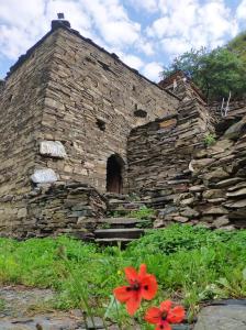 an old stone building with red flowers in front of it at Ethnic Hostel Shatili in Shatili