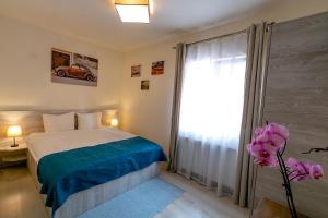 - une chambre avec un lit et une grande fenêtre dans l'établissement Smart Apartments, à Sighişoara