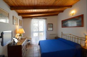 een slaapkamer met een blauw bed en een televisie bij Villa Vincenzo Di Meglio in Ischia
