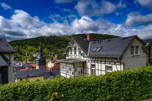 una casa blanca con techo negro y una ciudad en Villa Frieden Hotel & Seminarhaus, en Bad Blankenburg