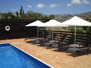 a row of chairs and umbrellas next to a swimming pool at Serene Serenity in Paphos