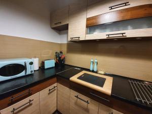 eine Küche mit einer Mikrowelle und einer Arbeitsplatte in der Unterkunft Apartament Flaming in Jurata