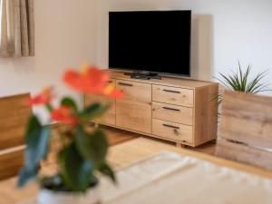 a living room with a television on a wooden dresser at Radlspitz Maurerhof in Valdurna