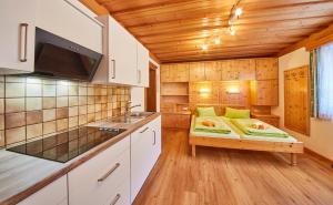 kuchnia z kanapą w małym domku w obiekcie Appartements Taxach w Saalbach Hinterglemm