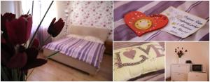 un collage de photos d'une chambre avec un lit et des fleurs dans l'établissement Penzión na Slnečnej stráni, à Vyhne
