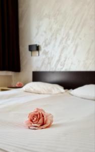a pink rose sitting on top of a bed at Hotel Royal Drina in Mali Zvornik