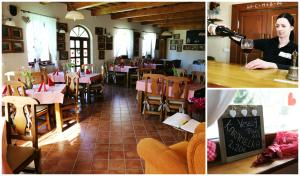 two pictures of a restaurant with a woman sitting at a table at Penzión na Slnečnej stráni in Vyhne