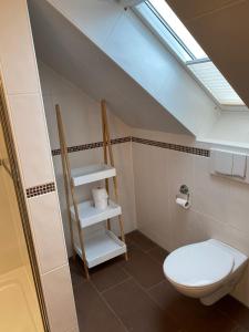 a bathroom with a white toilet and a skylight at Neuhaus Deichperle in Krummhörn