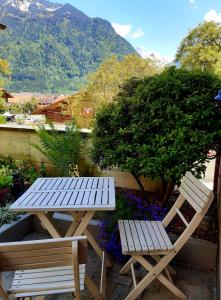 a picnic table and two chairs on a patio at Jobling's Holiday Apartment in Interlaken