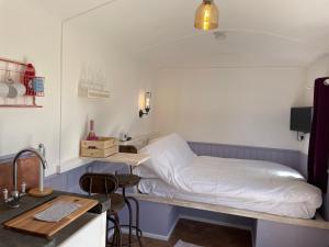 a room with a bed and a desk with a computer at Lilac Tree Hut in Tenby