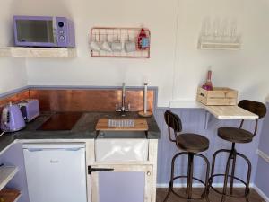 een kleine keuken met een wastafel en 2 barkrukken bij Lilac Tree Hut in Tenby