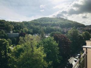 a view of a hill with trees and a city at Rezidence Beethoven in Karlovy Vary