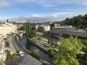 vista su una città con un fiume e su edifici di Rezidence Beethoven a Karlovy Vary