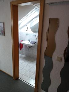 a bathroom with a sink and a mirror at Gästehaus Dietrich in Bad Sooden-Allendorf