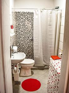 La salle de bains est pourvue d'un lavabo, de toilettes et d'une douche. dans l'établissement Apartmani Jelenković, à Negotin