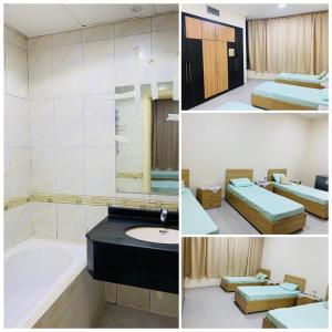 three pictures of a bathroom with a sink and a bath tub at Blue house 1 in Dubai