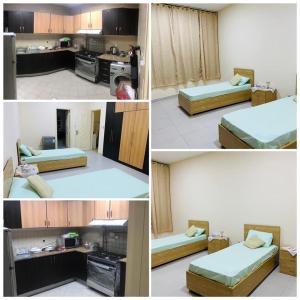 four pictures of a kitchen with two beds in a room at Blue house 1 in Dubai