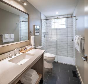 a bathroom with a toilet, sink, and bathtub at Buffalo Mountain Lodge in Banff