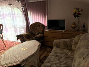 a living room with a couch and a television at Sea & BBQ apartment , 2nd floor in Liepāja