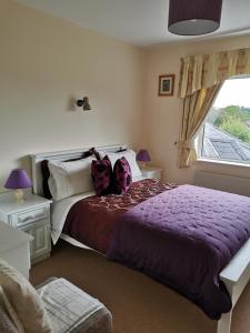 um quarto com uma cama com lençóis roxos e uma janela em Noraville House em Killarney